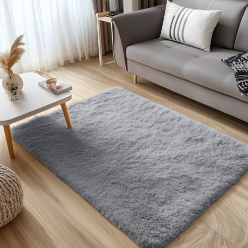 OLANLY 4x5 Machine Washable Accent Rug, Soft Fluffy Shaggy Area Rug for Bedroom, Living Room, Indoor Floor Carpet for Kids, Nursery, Home Decor, Light Grey