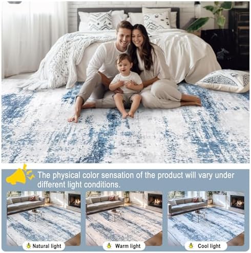 PLHXFR 9x12 Area Rug Living Room: Abstract Washable Carpet White Blue