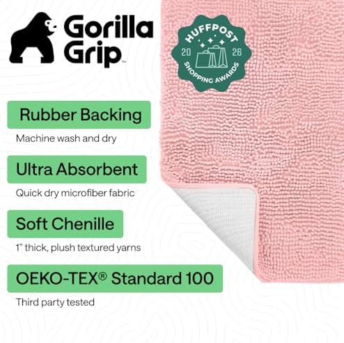 GORILLA GRIP Bath Rug Mat for Bathroom, Absorbent Chenille 60x24 Light Pink