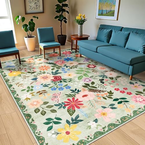 PLHXFR Area Rug 9x12 Living Room: Floral Washable Boho Soft Carpet Green