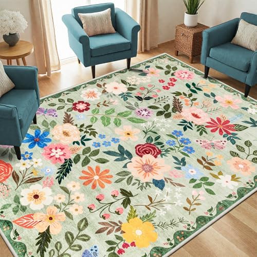 PLHXFR 6x9 Area Rug Living Room: Floral Washable Boho Soft Carpet Green