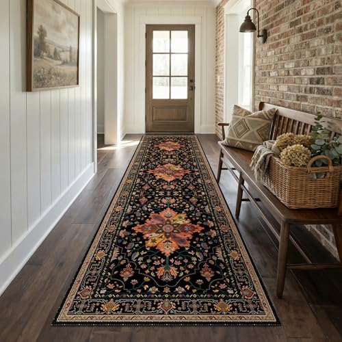 RELEANY Washable Area Rug, Runner 2'x8', Black/Colorful