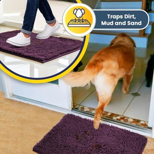 Muddy Mat® | Super Water Absorbent Door Mat Indoor, Microfiber Quick Dry Chenille Entryway Rug, Slip Resistant Front Door Mat, Indoor Mats for Entryway, Machine Washable Pet Rug, Dark Purple 19"x30"