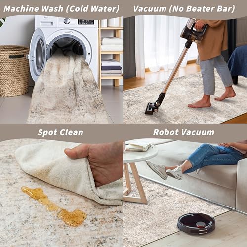 3x12 ft Washable Hallway Runner Rug - Long Non Slip Low Pile Thin Carpet Runners, Modern Abstract Neutral, Stain Resistant for Kitchen, Entryway, Bathroom（Beige Grey,3x12）