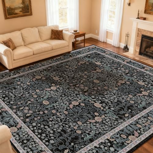 Area Rug for Living Room 10x12 Washable Soft Carpet (Black Flora)