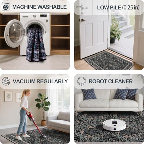 Area Rug for Living Room 10x12 Washable Soft Carpet (Black Flora)