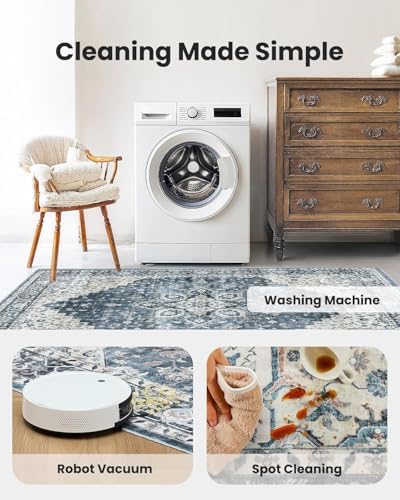 Amada Round 4x4 Washable Area Rug for Living Room, Blue, Vintage Style