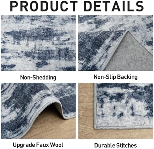 8x10 Area Rugs for Living Room: Washable Abstract Blue Grey Bedroom Carpet