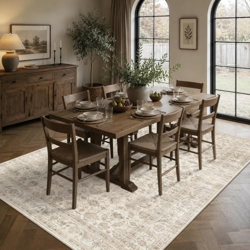 JOOJA 5x7 Beige Neutral Vintage Washable Area Rug, Low Pile Living Room Rug
