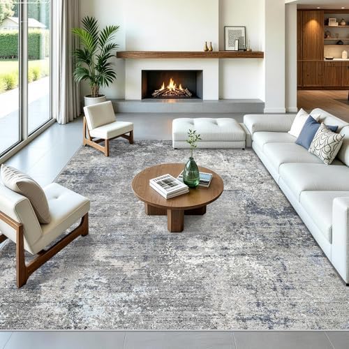 10x14 Area Rug for Living Room, Washable Modern Abstract Rug, Blue Grey