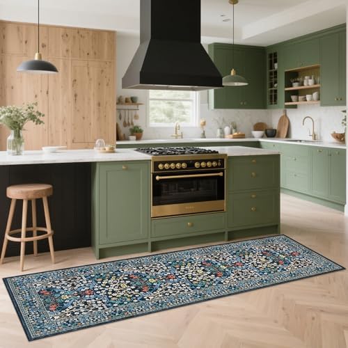 GarveeHome Blue Floral 2.5x8 Washable Kitchen Runner Rug