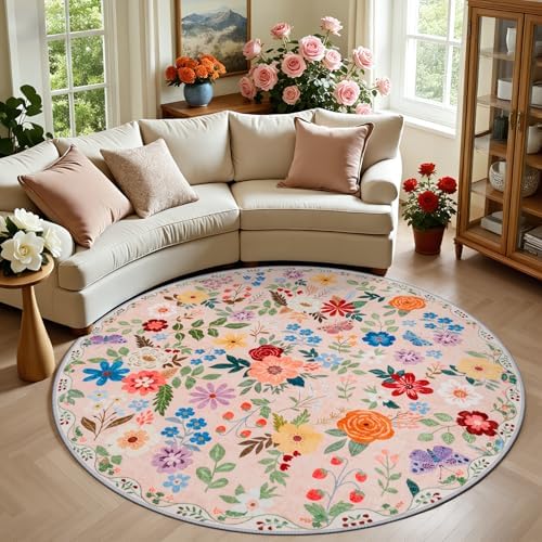 PLHXFR Round Area Rug Living Room: 6 ft Floral Washable Soft Carpet Beige