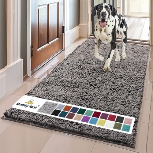 Muddy Mat® | Super Water Absorbent Door Mat Indoor, Microfiber Quick Dry Chenille Entryway Rug, Slip Resistant Front Door Mat, Indoor Mats for Entryway, Machine Washable Pet Rug, Charcoal 36" x 120"
