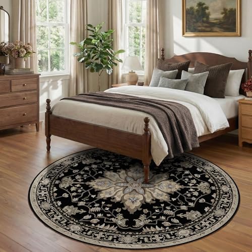 RELEANY Washable Area Rug, Round 7ft, Black/Neutral