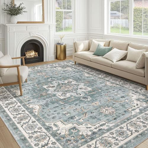 cotiled 10x12 Area Rug for Living Room, Washable, Traditional, Denim Blue
