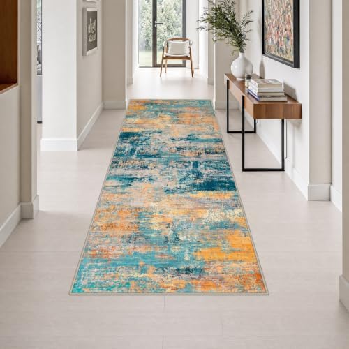 3x8 Washable Runner Rug：Modern Abstract Soft Carpet Rosy Haze