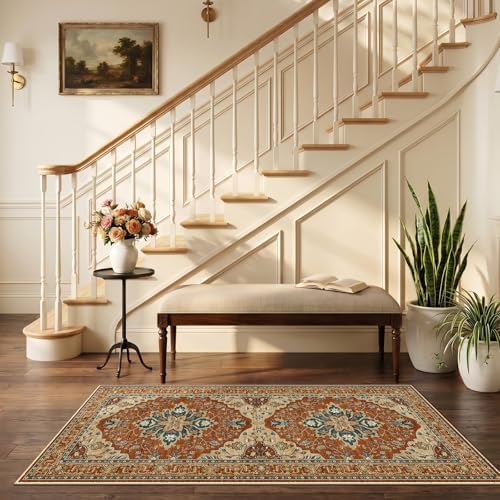 RELEANY Washable Area Rug, Runner 2'6"x5', Red/Orange/Blue/Brown