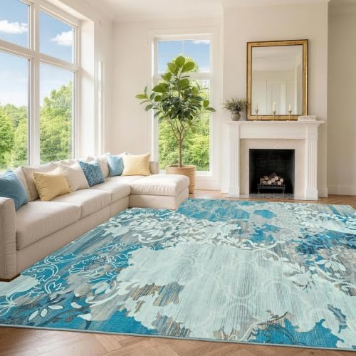 6x9 Washable Non-Slip Area Rug for Living Room (Blue)