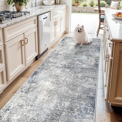 4x12 Wide Runner Rug for Hallway, Washable Non Slip Long Kitchen Rug, Soft Low Pile Carpet for Entryway Bedroom, Modern Abstract Area Rug（Blue Grey,4x12）