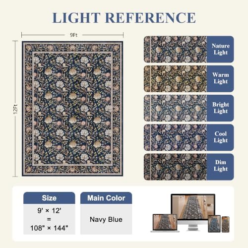 DUKINO 9x12 Area Rug for Living Room Vintage Floral Washable Rug, Navy Blue