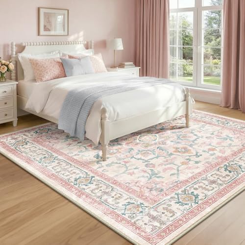 CAPALOCA Square 6ft Washable Nursery Girls Low Pile Area Rug Pink Teal