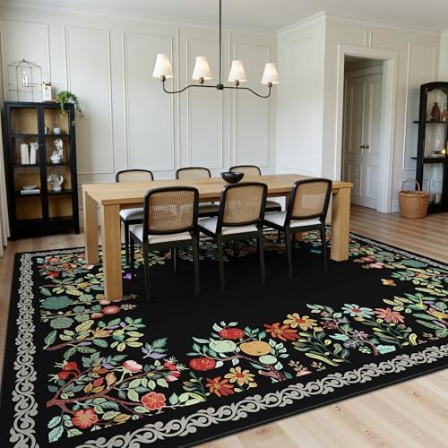 8x10 Area Rugs, Eco-Friendly Floral Washable Rug, Large Rugs for Living Room, Dining Room, Non-Slip Soft Durable Bedroom Rug（Black）