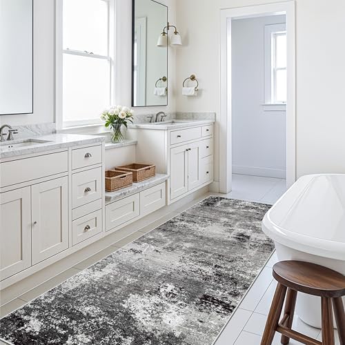 3x12 ft Long Hallway Runner Rug Non-Slip Washable Carpet Runner for Kitchen Entryway Bathroom Modern Abstract Neutral Low-Pile Thin Stain-Resistant Black Grey