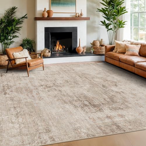 Farmhouse Area Rugs for Living Room - 7x10 Washable Modern Abstract Rug for Bedroom, Dining Room Under Table, Home Office, Soft Washable & Stain Resistance (Beige & Brown & Peach), Distressed Design