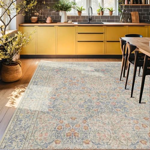 7x10 Washable Rug for Living Room - Stain Resistant Dining Room Rugs for Under Table, Soft Low Pile Large Carpet for Bedroom - Vintage Floral Non-Slip (Beige Blue)