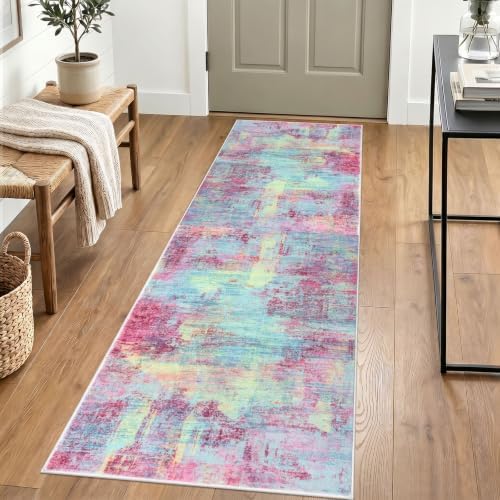 IOHOUZE Abstract Runner Rug 2x6 Ft Washable Runners for Hallways, Non Slip Kitchen Runner Printed Faux Wool Entryway Runner Indoor, Modern Abstract Floor Carpet for Hall Kitchen Bedroom, Pink Teal
