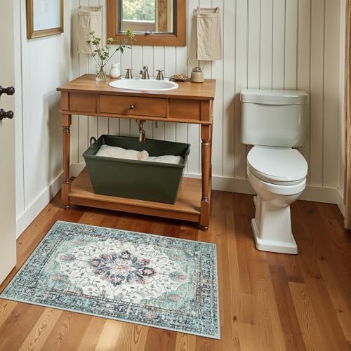 RELEANY Washable Area Rug, Small 2'x3', Teal Green/White/Navy