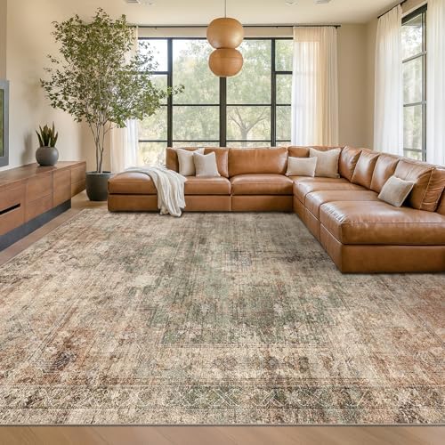 Farmhouse Floor Rugs for Living Room - Brown and Green Dining Room Area Rugs 8x10 for Bedroom, Washable, Soft, Lightweight & Stain Resistance, Neutral Dark Vintage Medallion Decor, Distressed Design