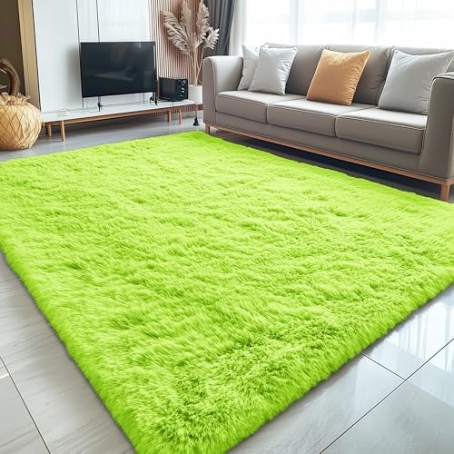 OLANLY 5x7 Machine Washable Large Area Rugs for Living Room, Bedroom, Soft Fluffy Shaggy Bedside Rug, Indoor Floor Carpet for Kids Girls and Boys, Dorms, Nursery, Home Decor Aesthetic, Lime Green