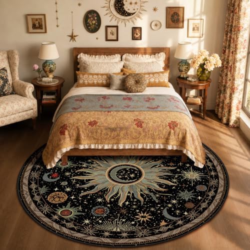 Vacuum-Friendly, Round 8ft Washable Area Rug, Black Green Blue