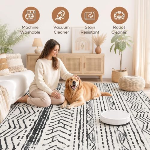 Nakagishi Black Rug Living Room Rugs: 9x12 Machine Washable Boho Large Neutral Modern Soft Moroccan Stain Resistant Indoor Floor Non Slip Accent Carpet for Bedroom Nursery Kids Playroom Office