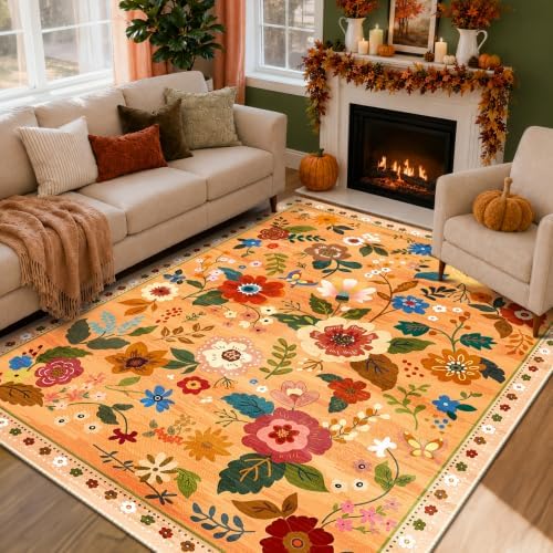 RELEANY Floral Washable 8x10 Area Rugs Orange/Yellow/Red