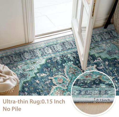 BESTSWEETIE 8ft Area Rug Washable Rugs for Living Room, No Pile Boho Carpet for Entryway Bedroom Dinning Room, Vintage Carpet Print Distressed Non-Slip, 96" Round, Teal Dark Green