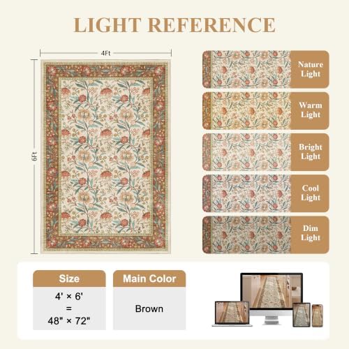 DUKINO 4x6 Area Rug, Washable Vintage Floral Rug for Living Room, Brown