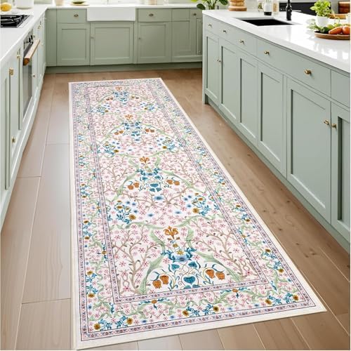 GarveeHome 2x6 Runner Rugs, Washable Rug for Hallway Pink Non Slip, Ultra-Thin Boho Soft Kitchen Runner Rug Botanical Carpet for Entryway, Laundry Room, Bedroom