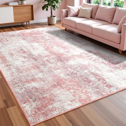 Macgace Washable Abstract Small Area Rug for Bedroom, 3x5 Rugs Pink