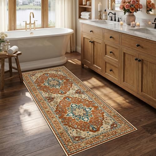 RELEANY Washable Area Rug, Runner 2'6"x5', Red/Orange/Blue/Brown