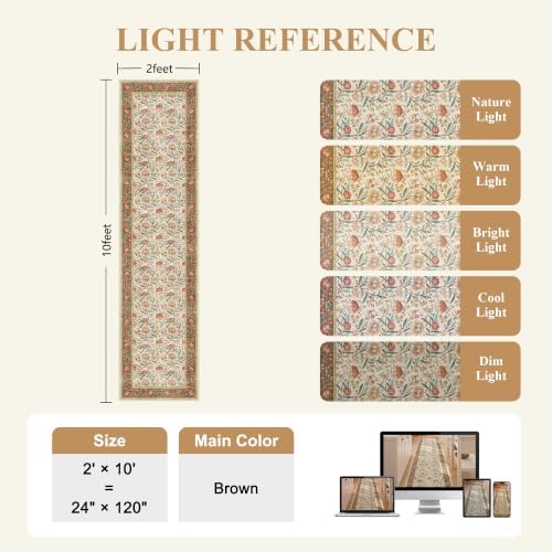 DUKINO 2x10 Runner Rug for Hallway, Washable Vintage Floral Rug, Brown