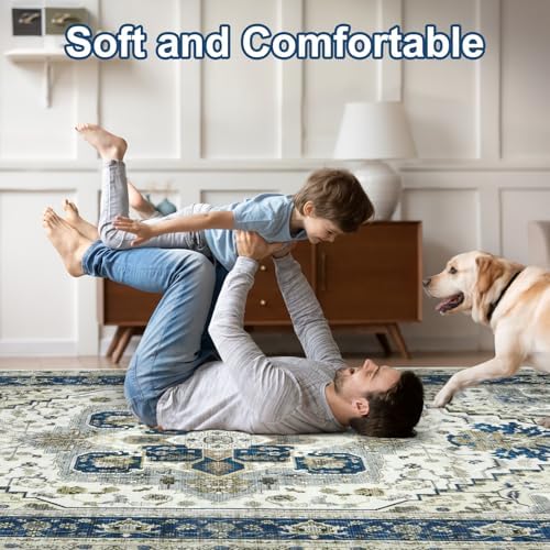 Area Rugs for Living Room 9x12 - Large Machine Washable Vintage Oriental Soft Rug, Low Pile Thin Carpet with Non Slip Backing for Bedroom, Dorm, Under Dining Room Table, Indoor House, Office Decor