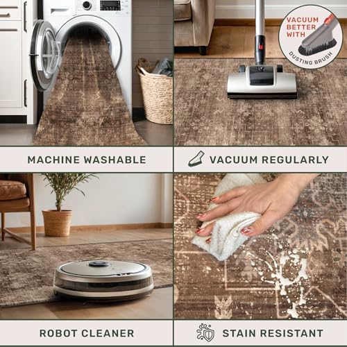 Brown Washable Long Runners for Hallways, 2x10 Wide Kitchen Runner Rug, Entryway Indoor Rug, Non Slip Rubber Backing Boho Vintage Dark Floor Decor
