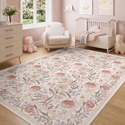DUKINO 5x7 Area Rug, Vintage Floral Washable Rug for Living Room Beige Pink