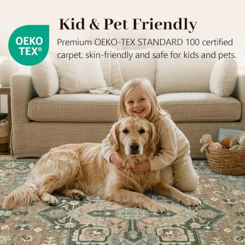 5x7 Ft Area Rugs for Living Room, Soft Non-Slip Machine Washable Rug, Vintage Stain Resistant Carpets for Bedroom Nursery Dining Room Home Decor (Brown)