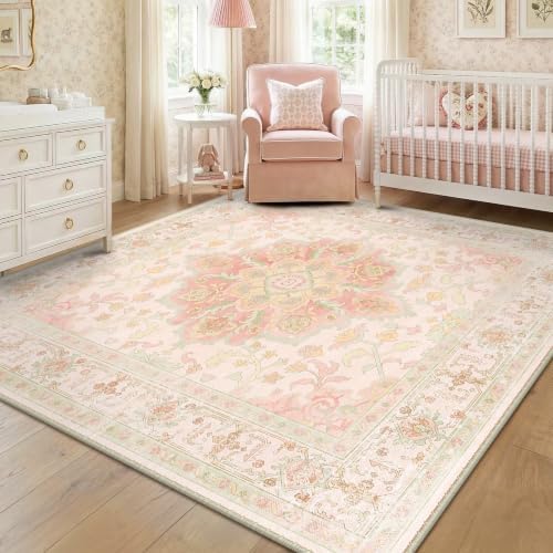 CAPALOCA Square 6ft Washable Nursery Girls Low Pile Area Rug Pink Green