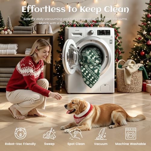 5x7 Christmas Holiday Area Rug, Washable Non‑Slip Low‑Pile Xmas Large Rugs for Living Room Bedroom Dining Room, Winter Indoor Christmas Home Decor(Green Sweater Bauble)