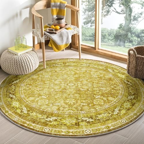 OPPODREAM Vintage Yellow Area Rugs 5' Round, Washable Rug for Living Room