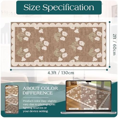 Front Door Mat Indoor Entrance, 2x4.3 Tan Boho Floral Farmhouse Rug